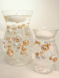 120 "Floating" Gold & White Pearls with Matching Gem Accents - No Hole Jumbo/Assorted Sizes Vase Decorations and Table Scatters - Option 6 Submersible Fairy Lights Strings