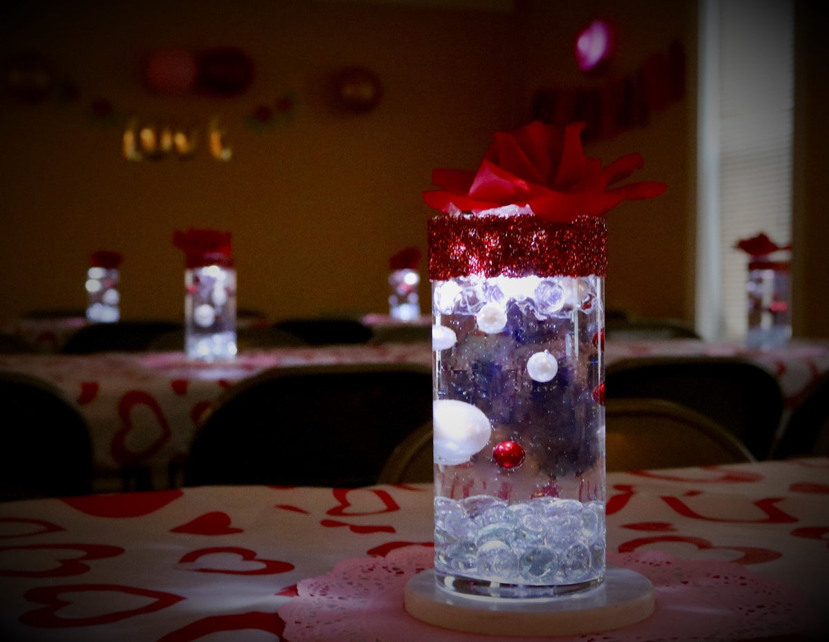 130 "Floating" Red and White Pearls with Sparkling Gem Accents - No Hole Jumbo/Assorted Sizes Vase Decorations and Table Scatter - Option: 6 Submersible Fairy Lights Strings