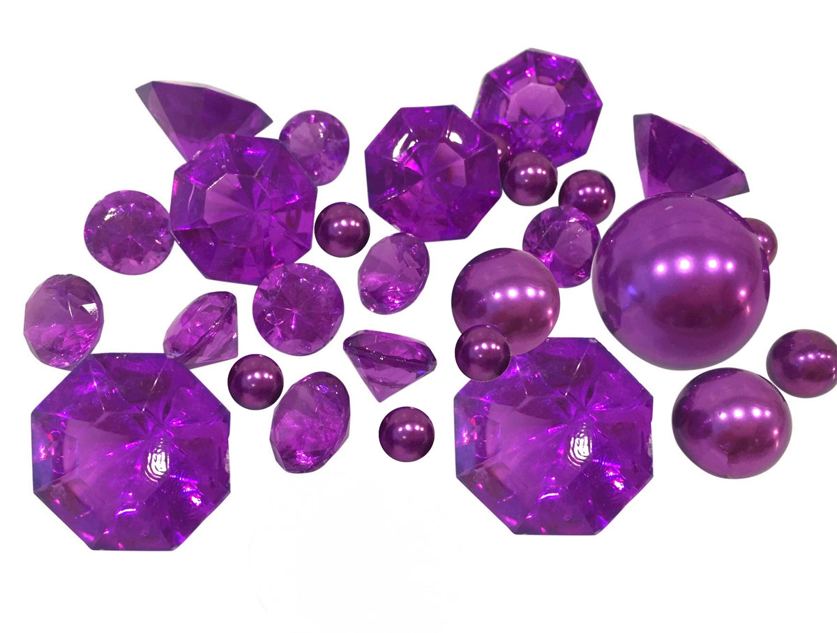 Dispersiones de mesa de gemas de corte de diamante brillantes púrpuras y transparentes