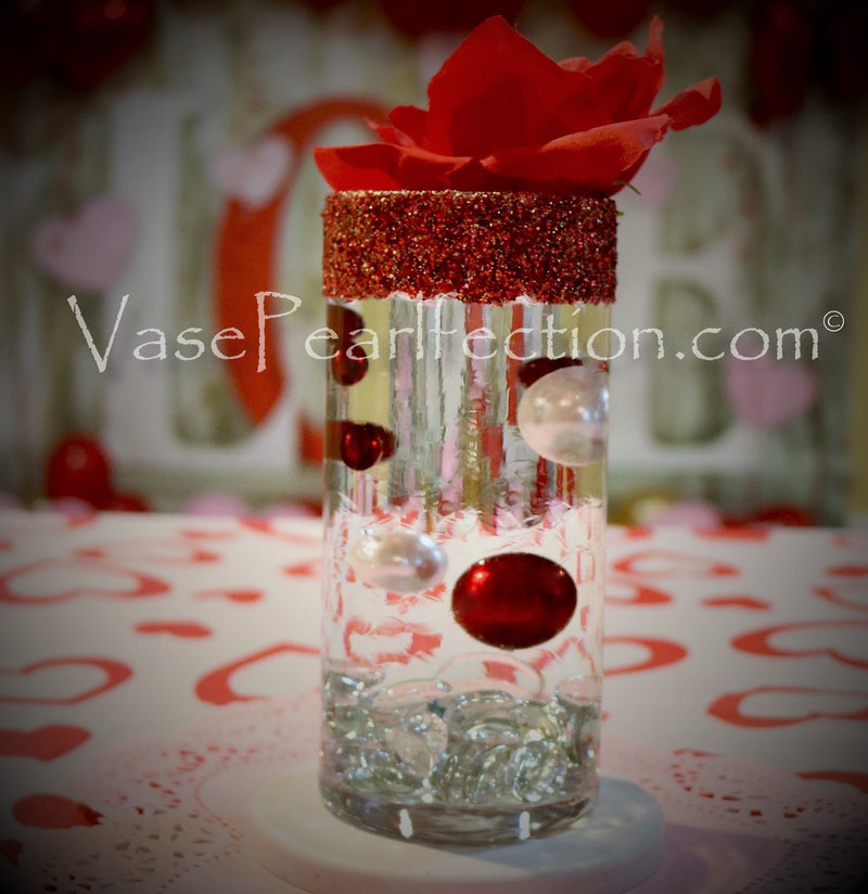 120 perles rouges et blanches "flottantes" avec des accents de pierres précieuses scintillantes - Décorations de vase sans trou/tailles assorties et dispersion de table