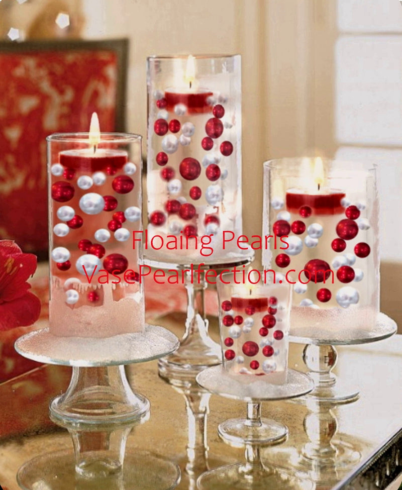 Perles "flottantes" rouges et blanches - Décorations de vase sans trou/tailles assorties et dispersion de table