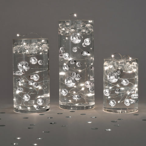 1 GL Floating Glitter Silver Pearls - Including Water Gels & Kit for the Floating Effect - Option of Submersible Fairy Lights - Centerpiece Decorations